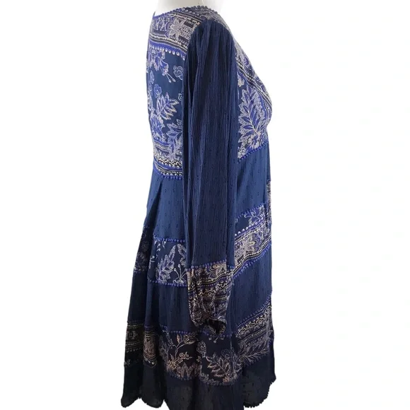 Free People My Love Mini Dress Sz Small S Indigo Blue Pom Pom Paisley Boho Chic - Picture 5 of 15